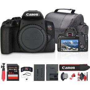Canon EOS Kiss X10i / Rebel T8i DSLR Camera (Body Only) (3924C001) + 64GB Memory Card + Camera Bag + Flexible Tripod + Cleaning Kit + Hand Strap + Card Wallet + Card Reader + Cap Keeper (Renewed)