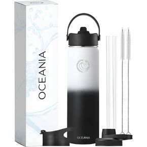 Oceania Flask 22oz Stainless Steel Water Bottles | Modern, Leakproof, Hydro BPA-Free, Insulated Water Bottle with 3 Lids, 3 Straws & 2 Straw Cleaning Brushes | Simple Camping & Hiking Water Bottles