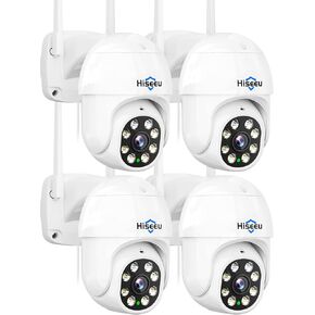 Hiseeu 4Pcs 2K 3MP PTZ Security Camera Outdoor,WiFi Camera, Auto Tracking&Light Alarm Floodlight & Color Night Vision,Two-Way Audio, Plug-in Cable,Compatible Wireless Camera System