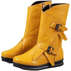 Women's Genuine Leather Side Zipper Flat Mid-Calf Boot Comfort Soft Sole Wide Round Toe Fur Lined Warm Winter Boots Fashion Double Belt Buckle Decoration Non-Slip Lug Flat Boots (Yellow,10,10)