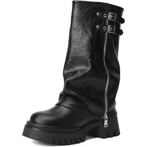 MAVMAX Mid Calf Boots for Women Fold Over Zipper Buckle Riding Boots Brown Wide Calf Platform Round Toe Chunky Low Heel Tall Cowboy Biker Motorcycle Boot,Black,Size 8