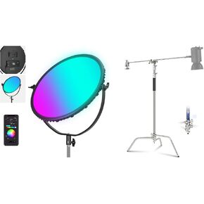Neewer 18 "RGB LED Round Panel Control App Video Light Control و C Stand with Boom Arm Kit ، 65W 6000Lux/0.5m 2500k-8500k Firm