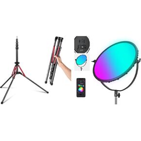NEEWER GR18C 18" RGB LED Round Panel Video Light with APP Control, 65W Photography Studio Lighting and ST210R Light Stand Carbon Fiber with 180° Reversible Legs Kit