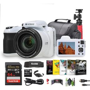 Kodak PIXPRO AZ425 20MP Vlogging Digital Camera (White) 42X Optical Zoom, 24mm Wide Angle Lens Bundle with 64GB Memory Card + Vlogger Tripod + Bag + More Vlog Accessories