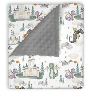 Mink Baby Boys Blanket Dragon Tale Castle, Watercolor Green Moon Clouds Stars Tree Soft Double Layer Dotted Backing Receiving Blankets, Newborn Infant Toddler Nursery Crib Bedding 30" x 40"