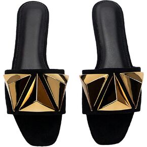 GORGLITTER Women's Studded Gold Flat Sandals Dressy Square Open Toe Summer Vacation Slip on Slides Shoes