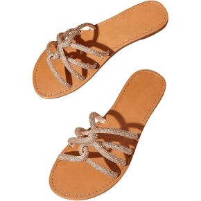 OYOANGLE Women's Rhinestone Cross Strap Flat Sandals Open Toe Slip On Outdoor Slippers
