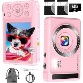 4K 44MP UHD Digital Camera for Photography Autofocus Point and Shoot Mini Camara, Compact Vlogging Cameras for Kids Teens Boys Girls with 16X Zoom, 32GB SD Card, 2 Batteries