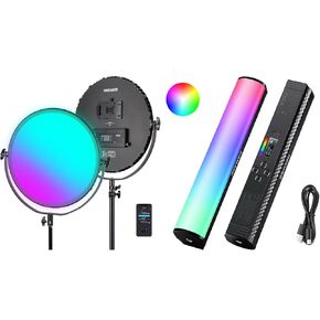 NEEWER GR18C 18" RGB LED Round Panel Video Light with APP Control, 65W RGBCW Photography Studio Lighting with TL20C RGB Light Wand, Magnetic Handheld Photography Video Light Stick, 2500K~8500K