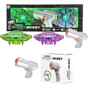 Force1 Scoot Skeet Drone Electronic Shooting Game Bundle - 2 Hand Drones for Kids with LED Toy Gun and Extra LED Toy Gun, Electronic Target Game Set Indoor Mini Drone Kid Flying Toys (Purple/Green)