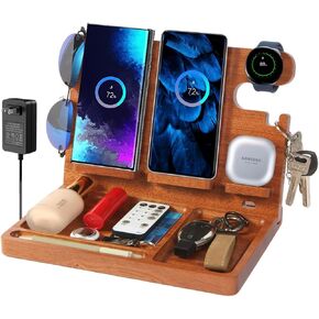 Nightstand Organizer with Charging Station for Samsung Devices,27W Dual Wireless Charger Fast Charging for Samsung 2 Phones,Galaxy Watch6/5/4/2,TWS Box,Wood Phone Docking Station,Gifts for Men