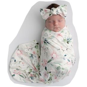Newborn Baby Girl Swaddle and Headband Beanie Set with a Birth Announcement Card Floral Print Receiving Blanket (Ink Pink)