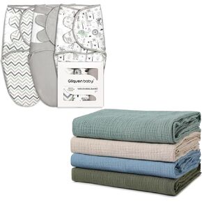 GLLQUEN BABY 4-Pack Muslin Swaddle Blankets and 3-Pack Baby Swaddles - Baby Essentials for Newborns, Unisex