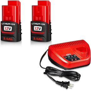 2Pack 12V 3.5Ah Replacement for Milwaukee M-12 Battery and Charger Combo Compatible with Milwaukee 12V Battery Lithium 48-11-2401 48-11-2402 48-11-2420 48-11-2430 48-11-2440 48-11-2411 48-11-2412