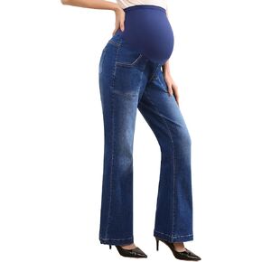 Women's Maternity Flare Jeans High-Waist Stretchy Over Belly Bootcut Denim Pregnancy Pants with Patch Pockets