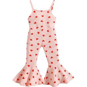Ritatte Toddler Baby Girl Valentines Bell Bottom Romper Love Heart Ribbed Sleeveless Strap Flared Jumpsuit Summer Overalls