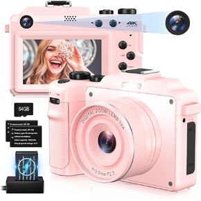 4K Digital Camera for Photography and Video, 64MP Auto-Focus Anti-Shake Vlogging Camera with 20X Digital Zoom, Flash, Compact Travel Camera with 64GB TF Card, 2 Batteries and Battery Charger, Pink