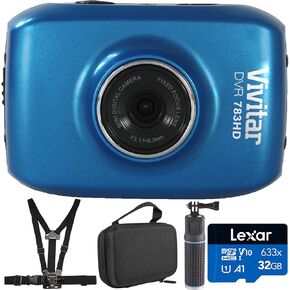 Vivitar HD Action Camera, DVR781HD Blue HD Action Camera Bundle with Action Cameras Case, Chest Strap Mount, Power Grip 4000mAh, 32GB Memory Card
