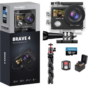 AKASO Brave 4 Action Camera with 64GB Card and Flexible Tripod Stand Bundle