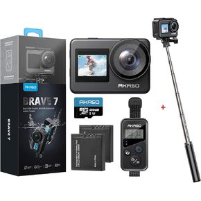AKASO Brave 7 Action Camera 4K30FPS 20MP with 128GB U3 MicroSDXC Memory Card, Touch Screen IPX8 33FT EIS 2.0 Zoom Camera with 60cm Selfie Stick Tripod Stand Bundle