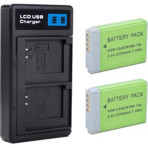 2-Pack NB-13L Battery with USB-C Dual Charger Compatible with Canon PowerShot G7 X Mark II, G7 X, G1 X Mark III, G5 X, G5X Mark II, G9 X, G9 X Mark II, SX620 HS, SX720 HS, SX730 HS, SX740 HS 2050mAh