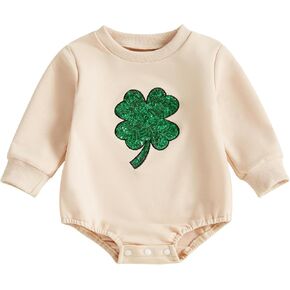 Baby Boy Girl St Patricks Day Outfit Sequin Shamrock Long Sleeve Bubble Romper Infant Four Leaf Clover Sweatshirt