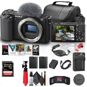 Sony ZV-E10 Mirrorless Camera (Body Only, Black) (ILCZV-E10/B) + 64GB Card + Photo Software + Bag + NPF-W50 Battery + External Charger + Card Reader + HDMI Cable + Flex Tripod + More