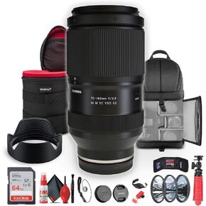 Tamron 70-180mm f/2.8 Di III VC VXD G2 Lens for (Sony E) Full Frame Mirrorless Cameras (AFA065S-700) + 64GB Memory Card + Filter Kit + Backpack + Lens Case + Flexible Tripod + Cap Keeper + More