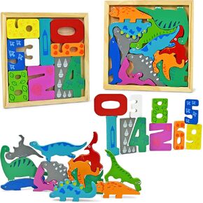 Vileafy Wooden Montessori Toys for Toddlers 2 Year Old, Dinosaur Shape Puzzles and Wooden Number Building Blocks for Easter Basket Stuffers, Educational Learning Toys for Kids 3-5 Years Old