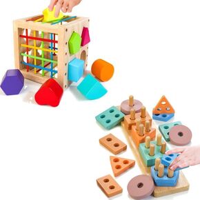 Wooden Shape Sorter Cube Bundle with Wooden Sorting and Stacking Toy