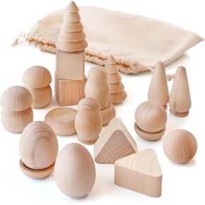 Ulanik Wonderful Bag Toddler Montessori Toys for 3 Year Old + Unfinished Wooden Figurines for Shape Sorting & DIY Painting Pyrography Decoupage Crafts — 20 pcs