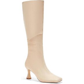 Coutgo Womens Kitten Heel Knee High Boots Wide Calf Square Toe Leather Boot Shoes with Zipper, Light Khaki, Size 11