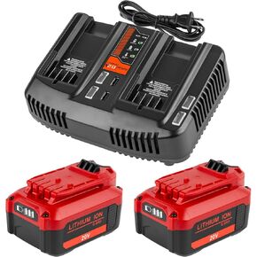 2Packs 20V 6.0Ah Battery and Charger Kit for Craftsman V-20 Lithium Battery CMCB202 CMCB204 CMCB206 CMCB205 with Dual Port CMCB104 Battery Charger for Craftsman 20V Battery Set