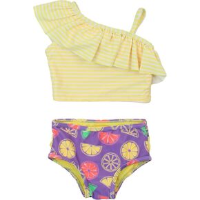 RuffleButts Girls UPF50+ Sun Protection One Shoulder Ruffle Tankini Two Piece Swimsuit