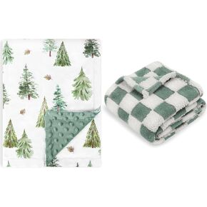 HOMRITAR Minky Baby Blanket with Double Layer Dotted Backing for Infant Toddler + 3D Checkered Fleece Fluffy Fuzzy Bed Blanket 30 x 40 Inch