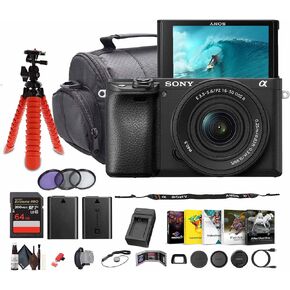 Sony a6100 Mirrorless Camera with 16-50mm f/3.5-5.6 II Lens (ILCE6100KB) + Photography Software + 64GB Memory Card + NP-FW50 Battery + Camera Bag + Charger + Lens Filter Kit + Flexible Tripod + More