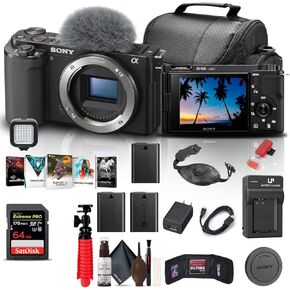 Sony ZV-E10 Mirrorless Camera (Body Only, Black) (ILCZV-E10/B) + 64GB Card + Photo Software + Bag + 2 x NPF-W50 Battery + External Charger + Card Reader + LED Light + HDMI Cable + More