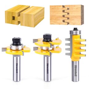 Newdeli 1/2 Inch Shank Tongue and Groove Router Bit Set & Reversible Finger Joint Router Bit - 3pcs Carbide Joinery Wood Milling Cutter for DIY Door Table Cabinet Shelve Furniture