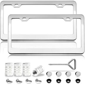 Mirror Polished Stainless Steel License Plate Frame Metal License Plate Cover License Plate Holder 2 PCS, Gloss Silver License Plate Frames with Chrome Screw Caps & 2 Holes, Rust-Proof