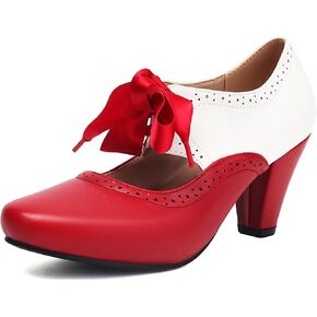 Elerhythm Women's Mary Jane 1920s Pump Heels Two Tone Classic and Retro Oxford Wingtip 1950s Vintage Round Closed Toe 1940s Lace Up Dress Shoes
