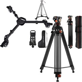 K&F Concept 75"/191cm Video Tripod& Tripod Dolly, Heavy Duty Camera Tripod Stand with 360° Fluid Head Load up to 17.6lb/8kg, Heavy Duty with 3" Rubber Wheels.