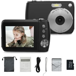 Digital Camera, FHD 1080P Cameras for Kids, Digital Point and Shoot Camera with 16X Zoom Anti Shake, Compact Small Cameras Gift for Boys Girls Kids, Black