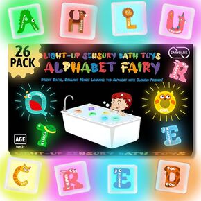 Garybank Alphabet Fairy Light up Bath Cubes Toys for Kids, 26 Pack Bath Toys for Kids Ages 3-5 Toddler, Glow Bathtub Alphabet Learning Kit for Baby, Animal Recognition, Sensory Development