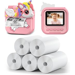 HANGRUI Instant Print Camera and 5 Rolls Refill Print Paper, 2.4 Inch IPS Screen Digital Camera for Kids, Portable Refill Print Paper, Boys Girls Christmas Birthday Gifts for Age 3-12