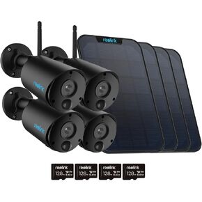 REOLINK ARGUS ECO-B 4 Pack Bundle-Camera Solar Security Camera Outdoor تشمل لوحة الطاقة الشمسية و SD CARD (128 جيجابايت) ، رؤية 3MP NIGH ، لا حاجة إلى محور ، تخزين محلي ، حديث ثنائي الاتجاه ، الكشف الذكي