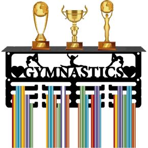 CREATCABIN Gymnastics Medal Hanger Display Trophy Shelf with 12Hooks Metal Medal Holder for Wall Mount Stand Hanging Hold 70+ Sports Medals Organizer Rack Ribbon Display for Soccer Awards 11.4x5x4Inch