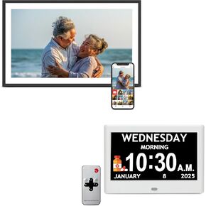 15.6'' Frameo WiFi Digital Picture Frame with 7 inch Digital Clock with Date and Time for Elderly