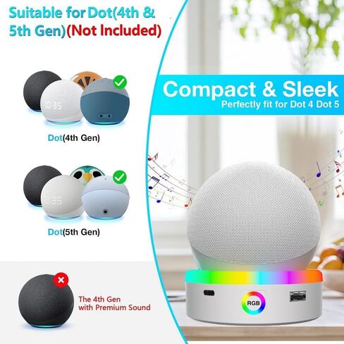 محطة شحن لـ Echo Dot 4 Th 5th Gen ، 4 أوضاع تلمس التحكم في موسيقى RGB LED LED Multicolor Light ، مكتب حامل سطح المكتب حامل الشاحن مع منظم الكابل (أبيض) in Kuwait