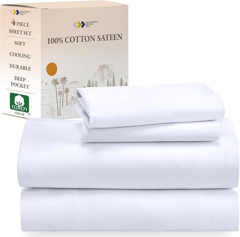 California Design Den Queen Sheet Set - Natural 100% Cotton Sheets Queen Size Bed Set with Deep Pockets, Soft Sateen Weave, Breathable, Cooling and Durable Bedding - White in Saudi Arabia