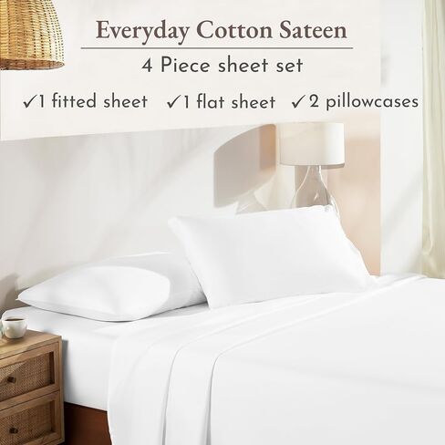 California Design Den Queen Sheet Set - Natural 100% Cotton Sheets Queen Size Bed Set with Deep Pockets, Soft Sateen Weave, Breathable, Cooling and Durable Bedding - White in Saudi Arabia
